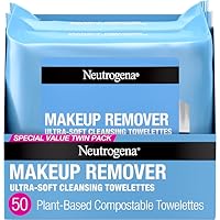 Neutrogena Makeup Remover Wipes, Ultra-Soft Cleansing Facial Towelettes for Waterproof Makeup, Alcohol-Free, Plant-Based, Twin Pack, 25 Count (Pack of 2)